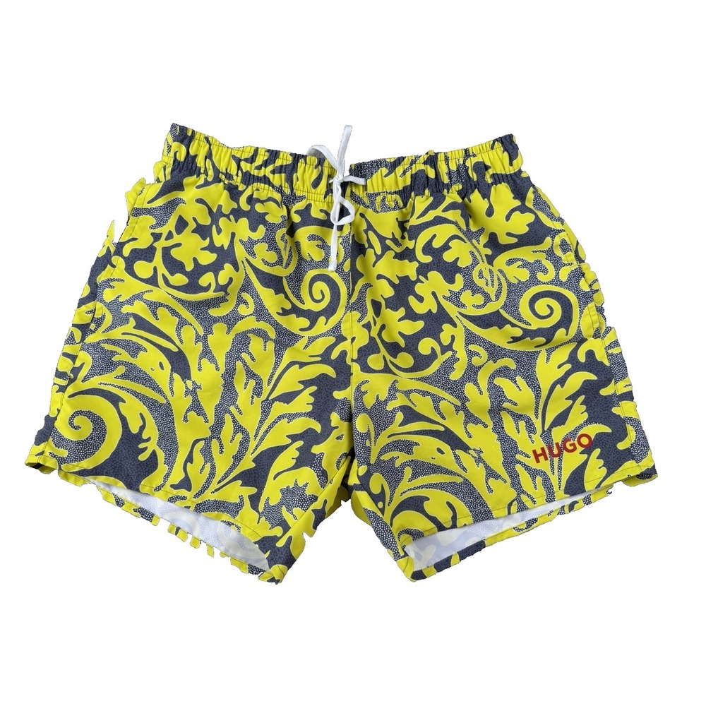 HUGO BOSS Swim Shorts Men's Size Small Yellow 5" Floral Print Lined Logo Badge